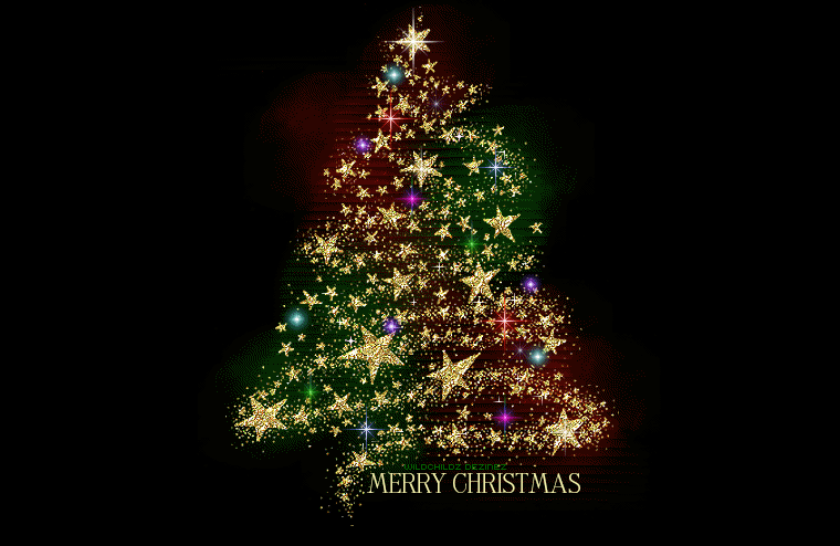 A sparking Christmas tree composed of gold glittery stars on a black background. The words Merry Christmas are below the tree. 